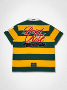 Men's yellow washed club polo with patch appliqué and embroidery