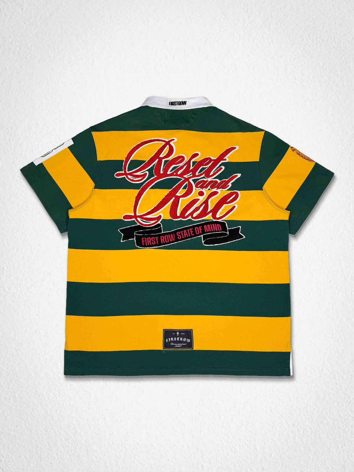 Men's yellow washed club polo with patch appliqué and embroidery