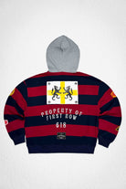 Men's burgundy pullover hoodie with varsity 86 applique and patch details