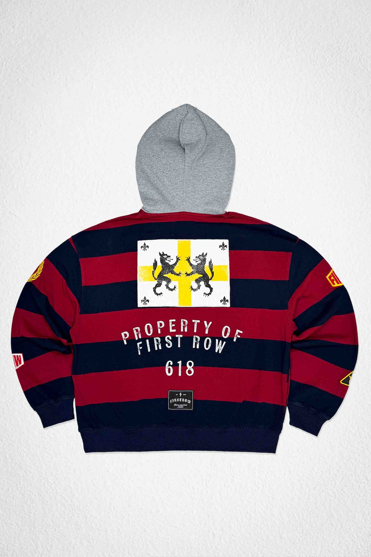 Men's burgundy pullover hoodie with varsity 86 applique and patch details