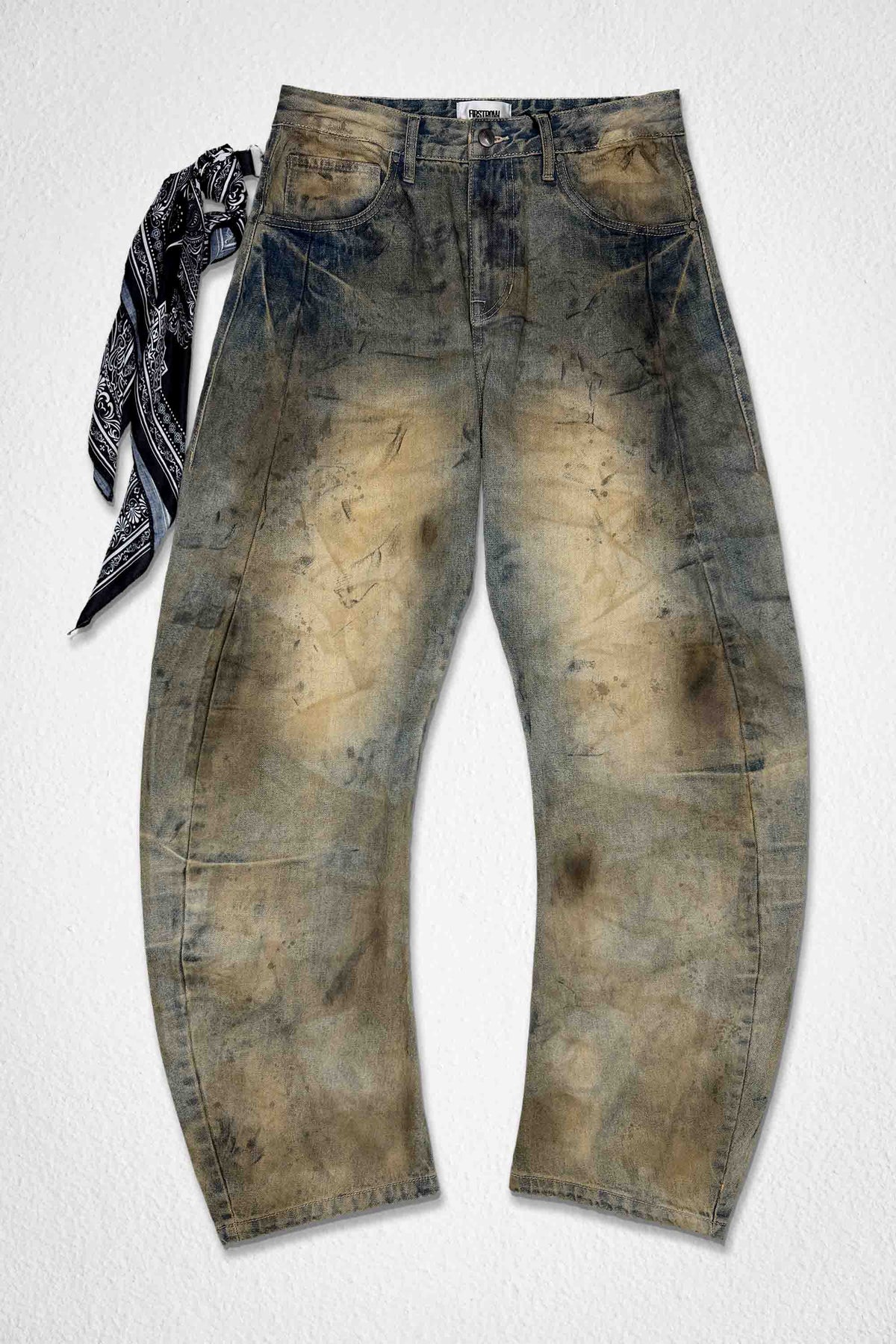 Men's light stone washed barrel fit jeans with scarf detail