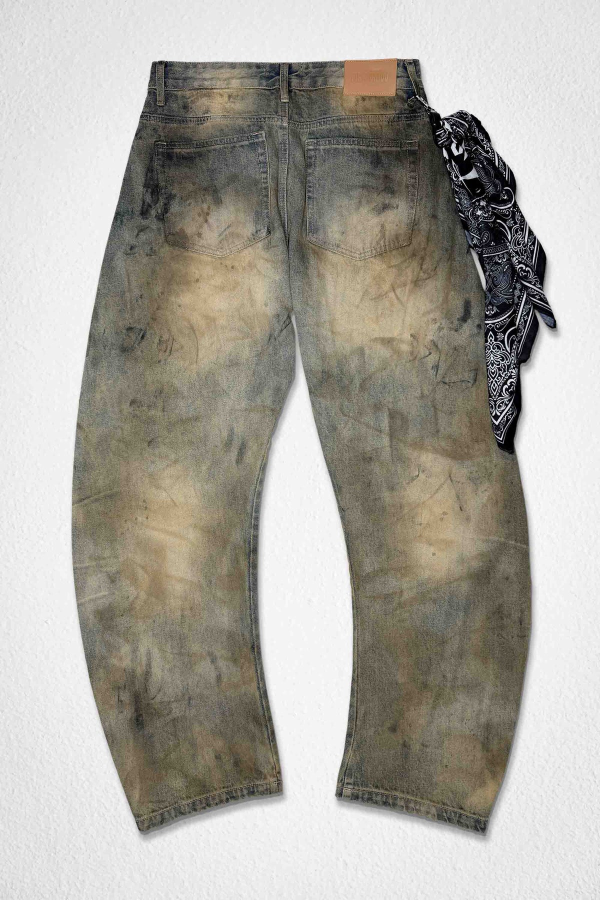 Men's light stone washed barrel fit jeans with scarf detail
