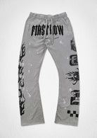 Men's light grey washed flare joggers with flocked graphic