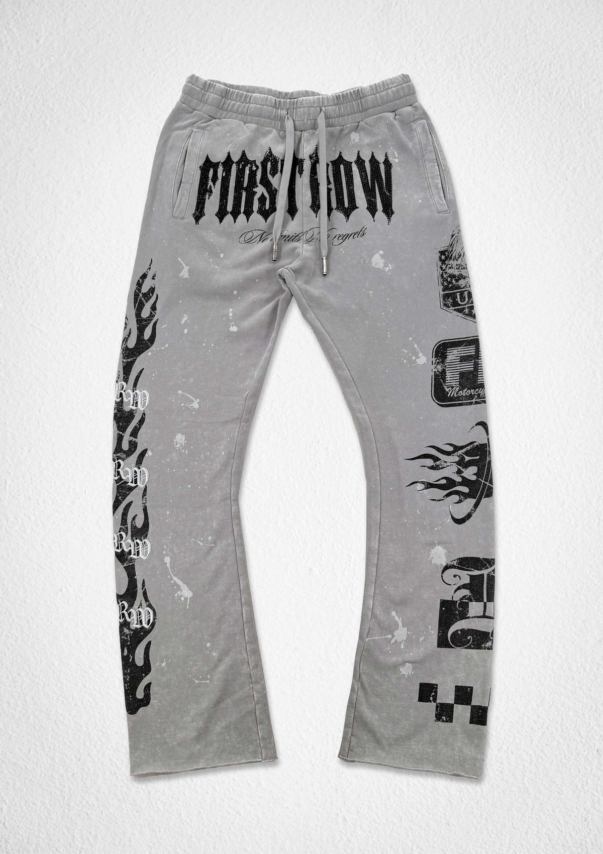 Men's light grey washed flare joggers with flocked graphic