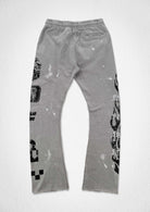 Men's light grey washed flare joggers with flocked graphic