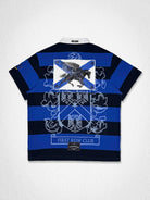 Men's royal blue washed polo with leather appliqué eagle crest patch
