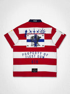 Men's red washed cotton polo with 618 appliqué and patch details