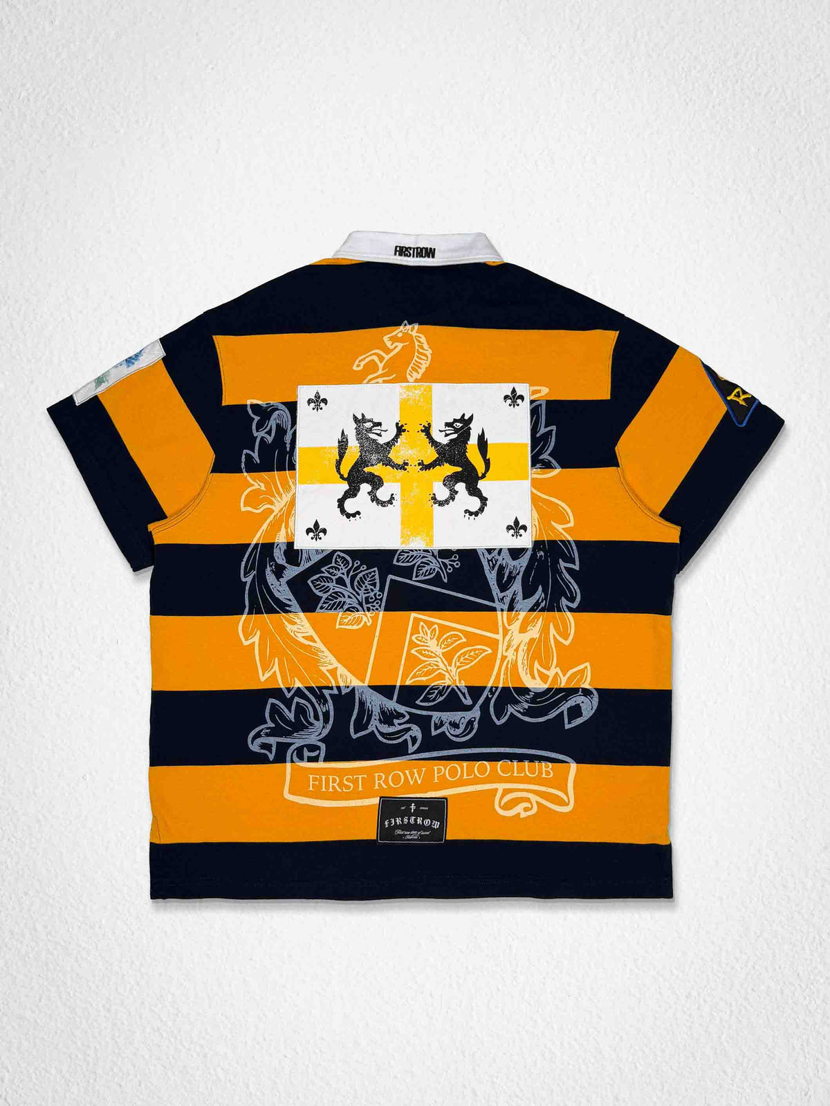 Men's gold washed cotton polo with crest patch and appliqué