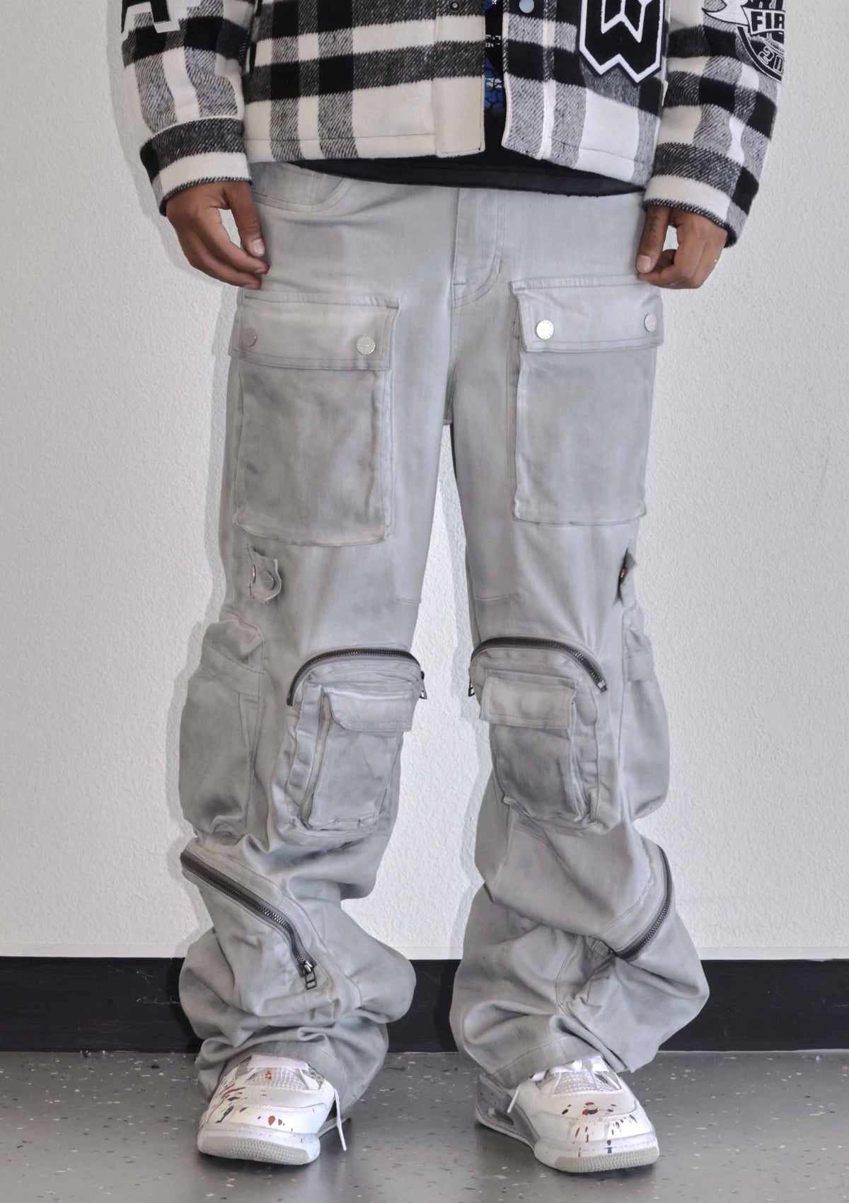 Men's grey stone Y2K wide fit utility cargo jeans
