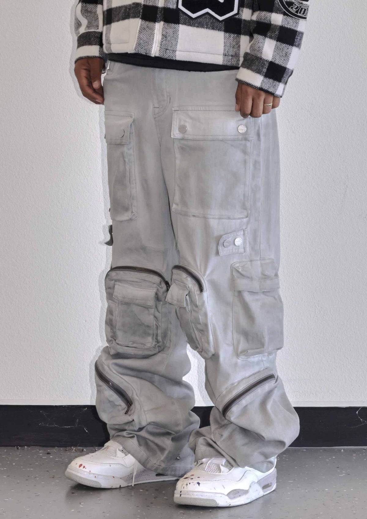 Men's grey stone Y2K wide fit utility cargo jeans