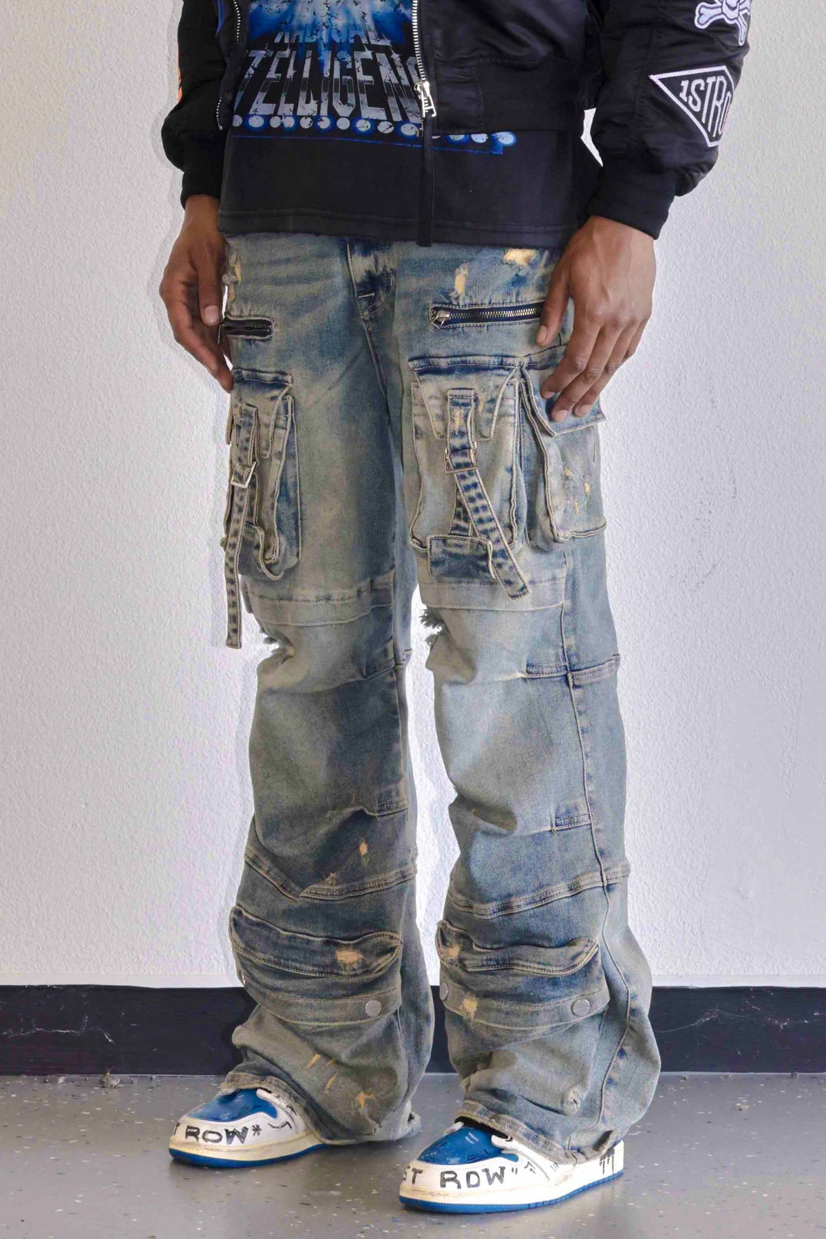 Men's medium stone Y2K wide fit utility cargo jeans