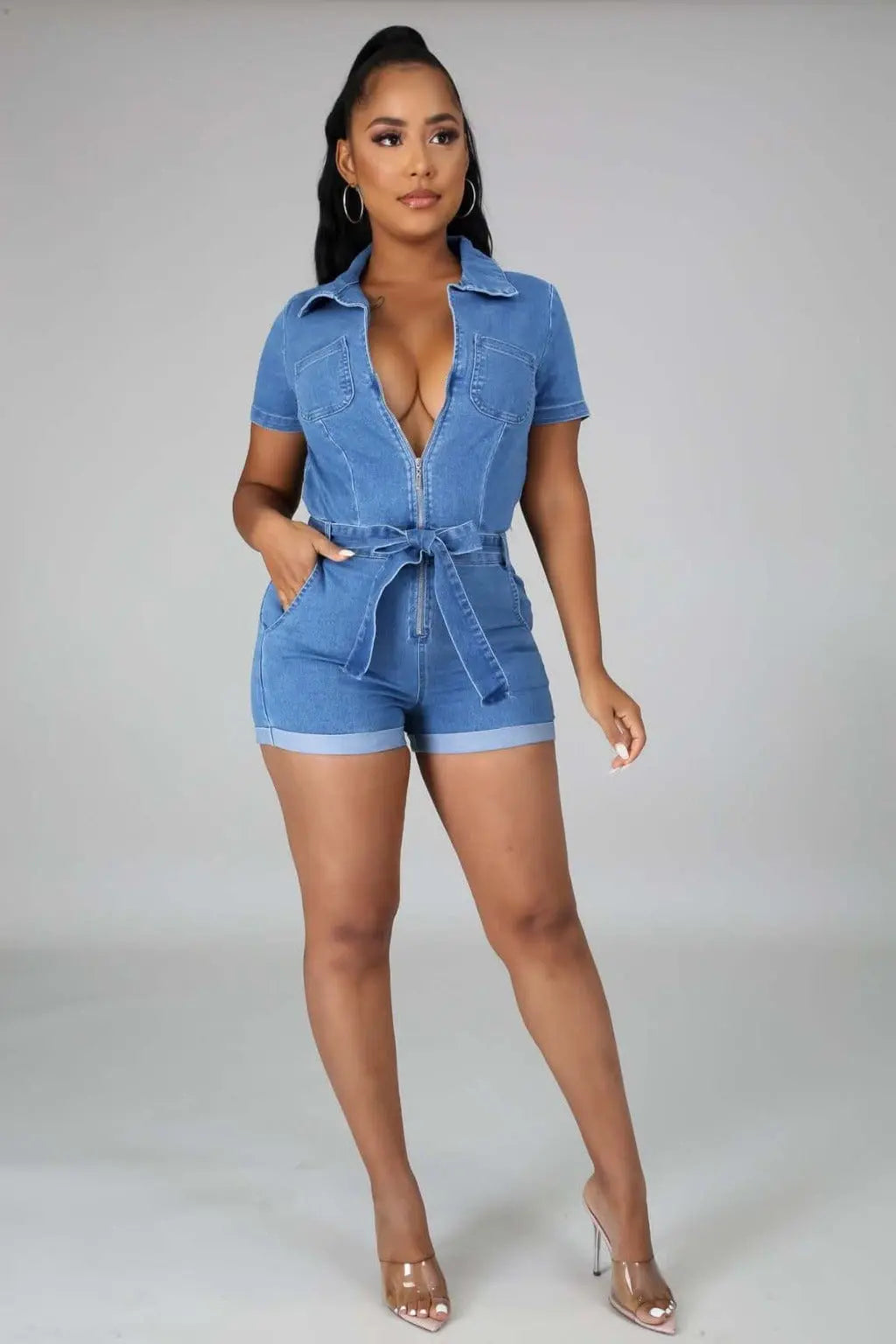 Blue denim romper front view - Epicplacess