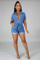 Blue denim romper front view - Epicplacess