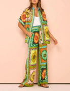 Green print pants set front view - Epicplacess
