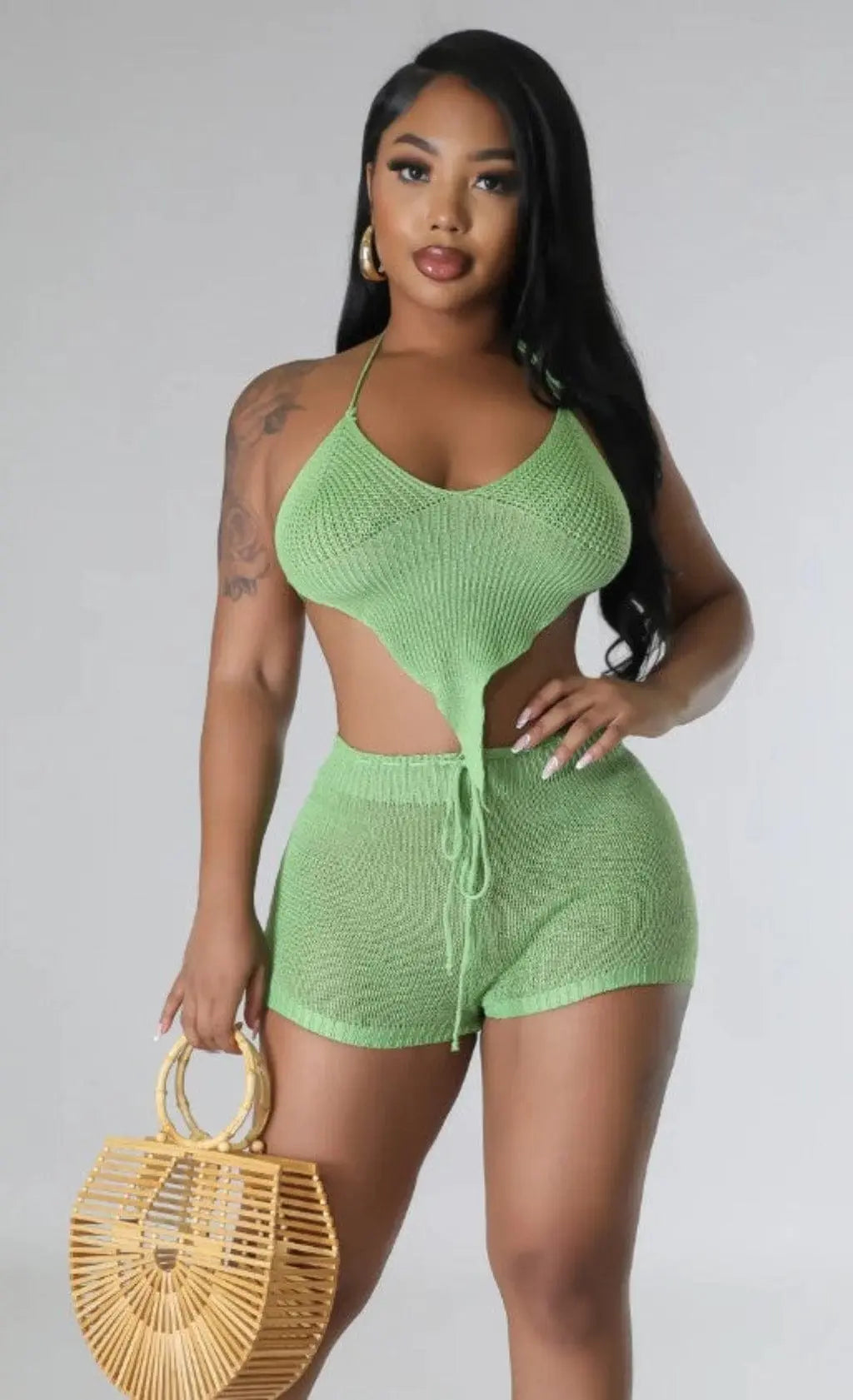 Asymmetric green knit shorts set front view - Epicplacess
