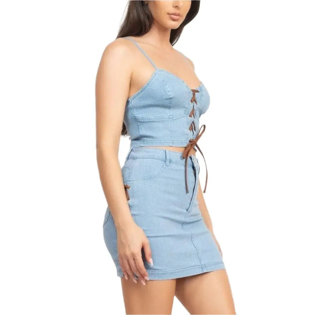 Denim skirt set outfit view - Epicplacess