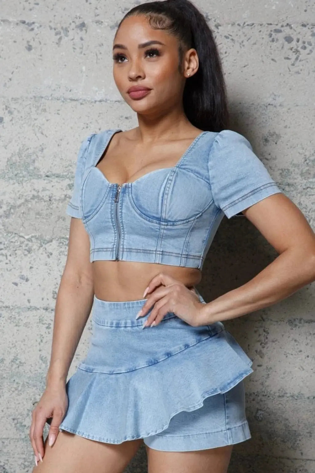 Vintage puff sleeve denim bustier top - Epicplacess