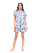 Women's blue floral scalloped cotton pajama short set
