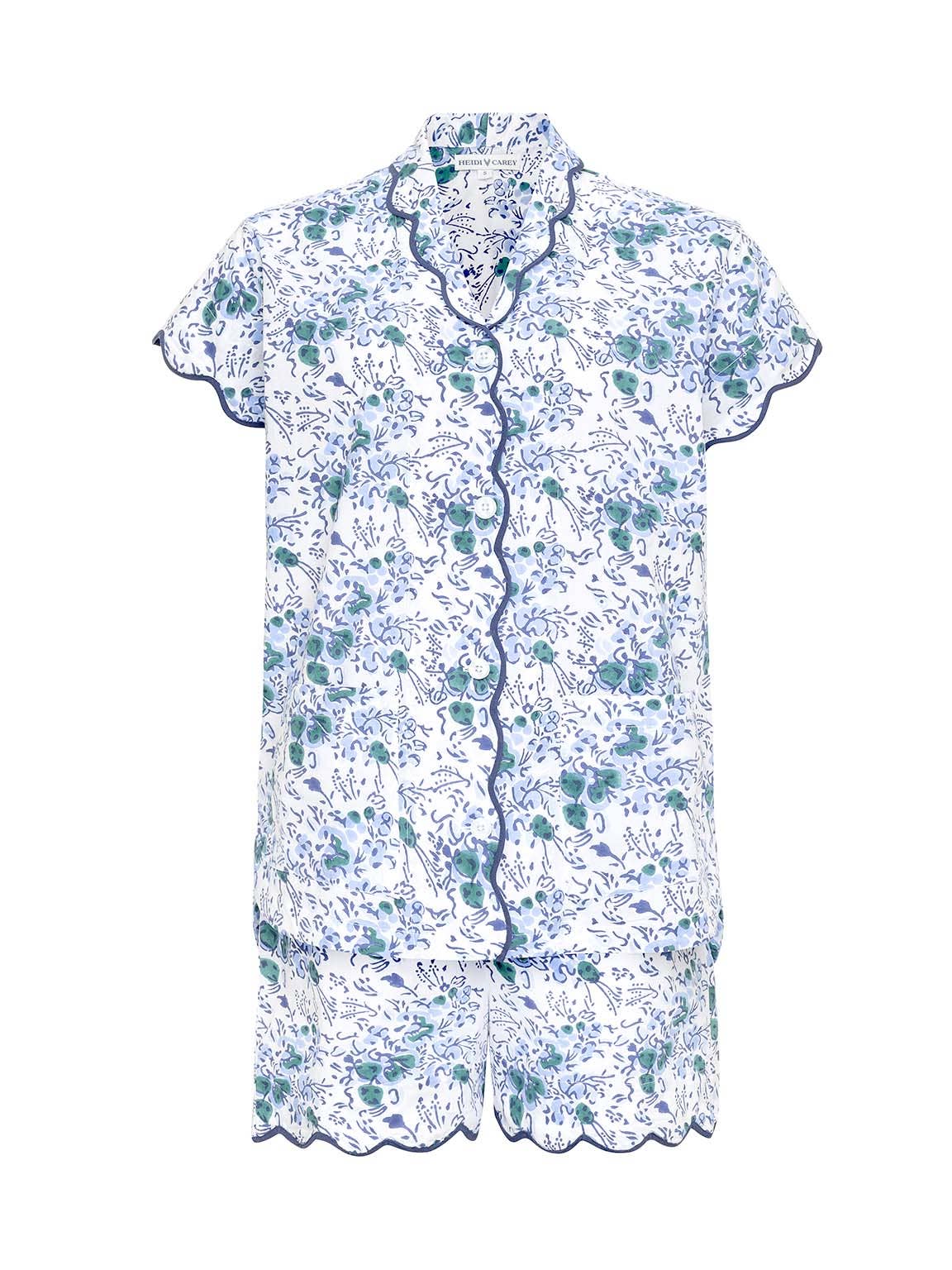 Women's blue floral scalloped cotton pajama short set – view 2