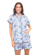 Women's blue floral scalloped cotton pajama short set – view 3