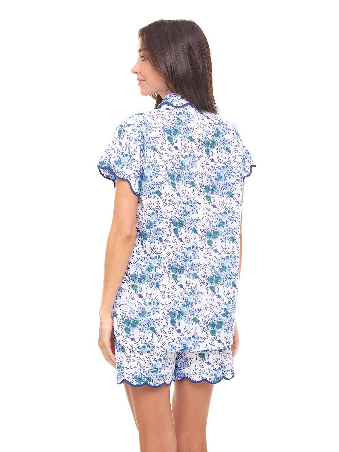 Women's blue floral scalloped cotton pajama short set – view 4