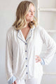 Women's white and dusty blue spot print bamboo pajama set with flare pants