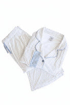 Women's white and dusty blue spot print bamboo pajama set with flare pants