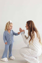 Women's white and dusty blue spot print bamboo pajama set with flare pants