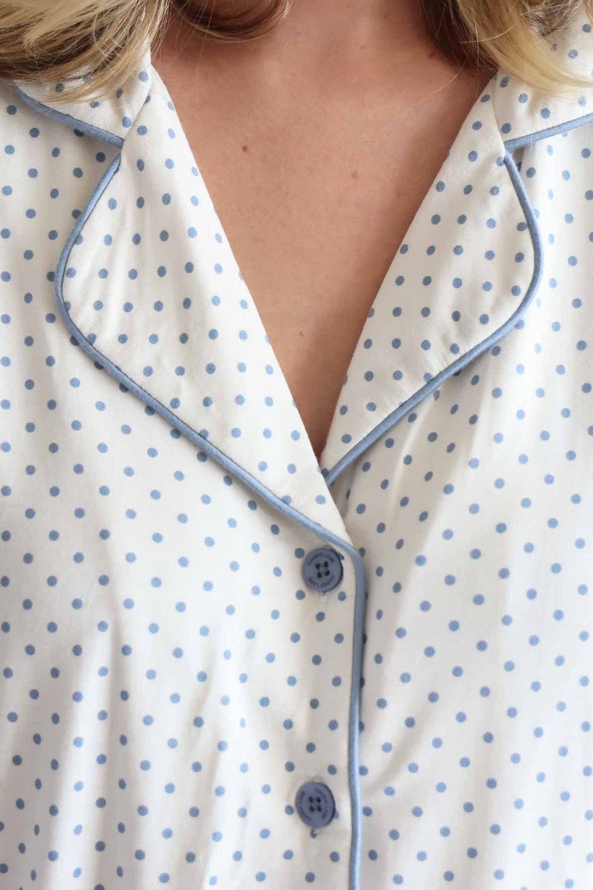 Women's white and dusty blue spot print bamboo pajama set with flare pants