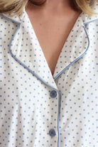 Women's white and dusty blue spot print bamboo pajama set with flare pants