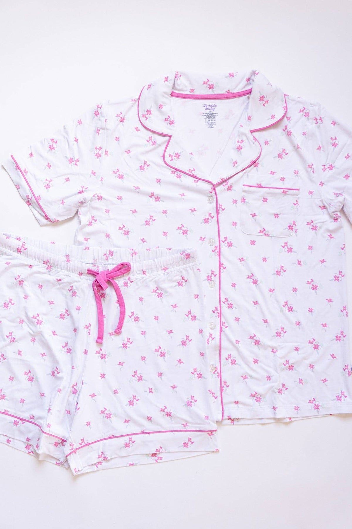 Women's lily floral bamboo button-up pajama short set with contrast piping