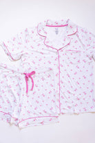 Women's lily floral bamboo button-up pajama short set with contrast piping