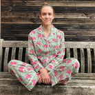 Women's green and pink block print cotton pajama set