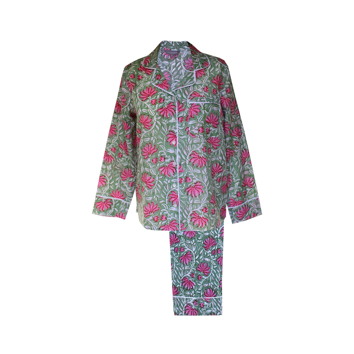 Women's green and pink block print cotton pajama set – view 2