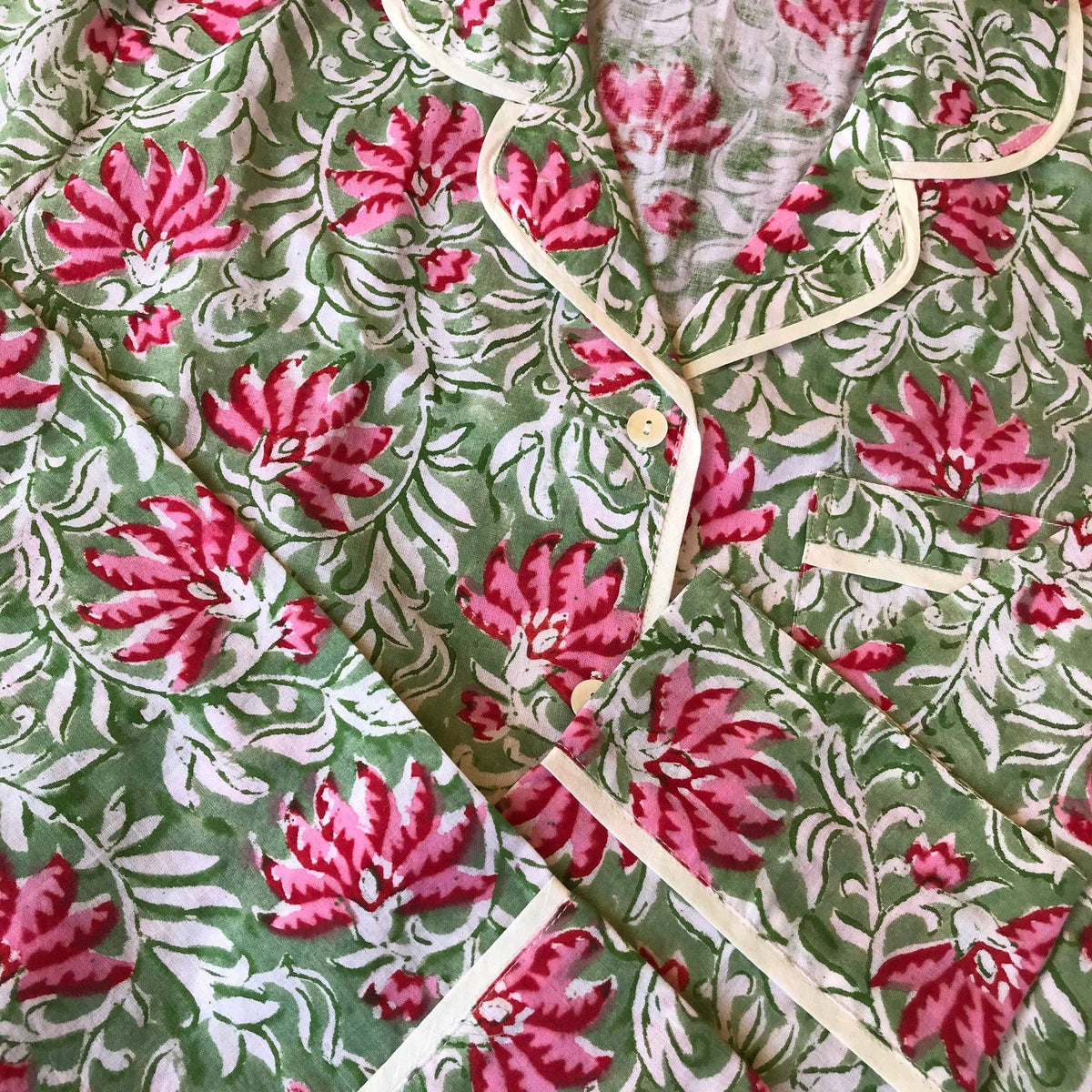 Women's green and pink block print cotton pajama set – view 4