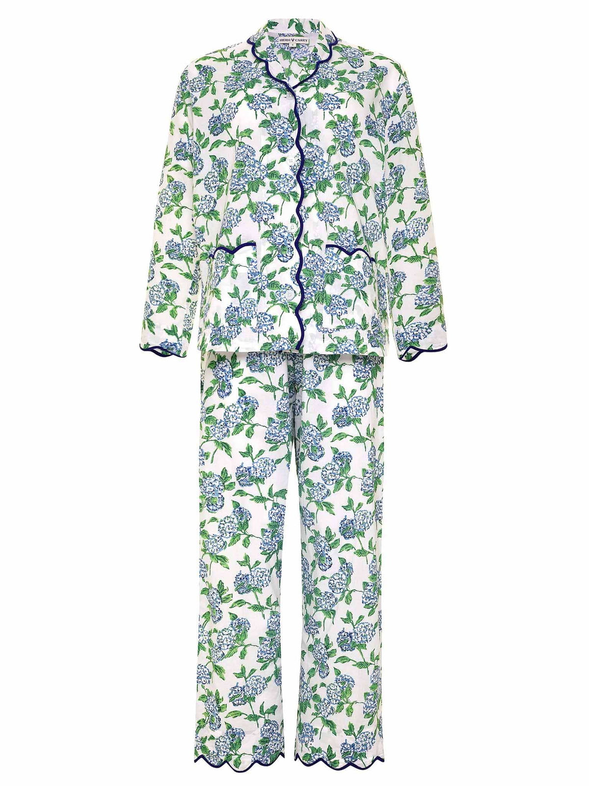 Women's blue and white hydrangea block print scalloped cotton pajama set – view 2