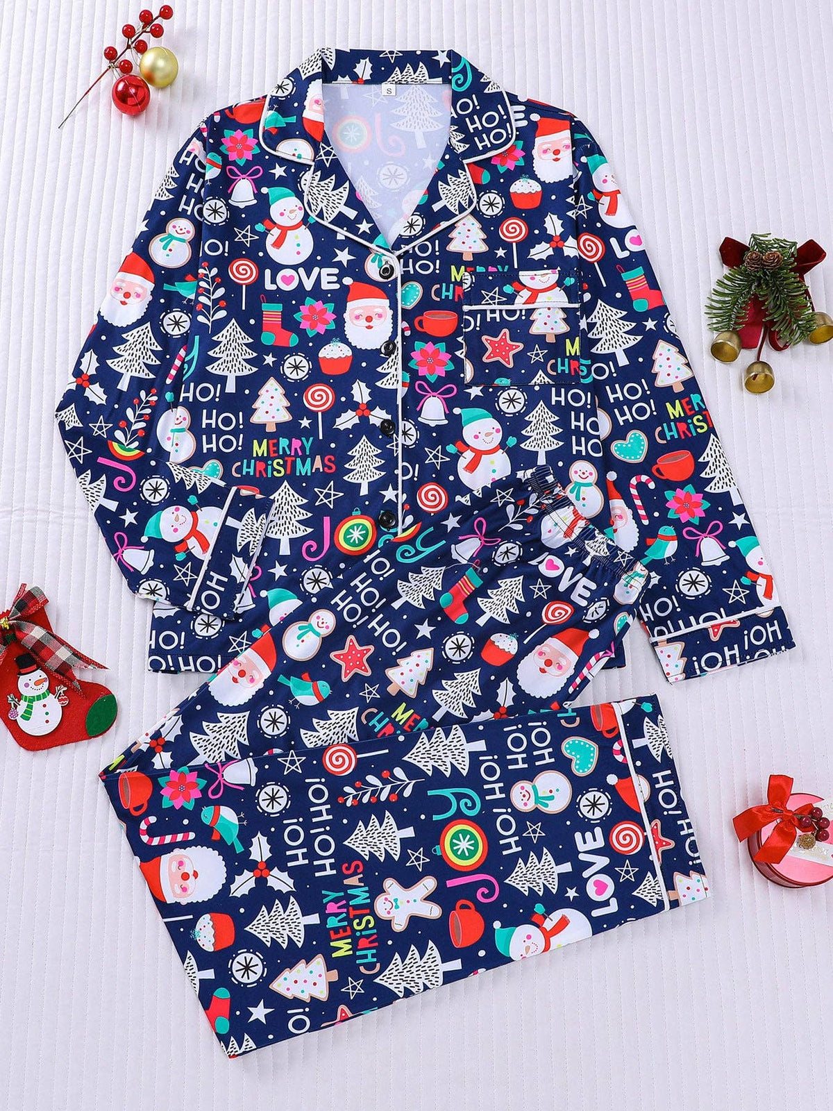 Women's navy Christmas icon print button-up pajama set
