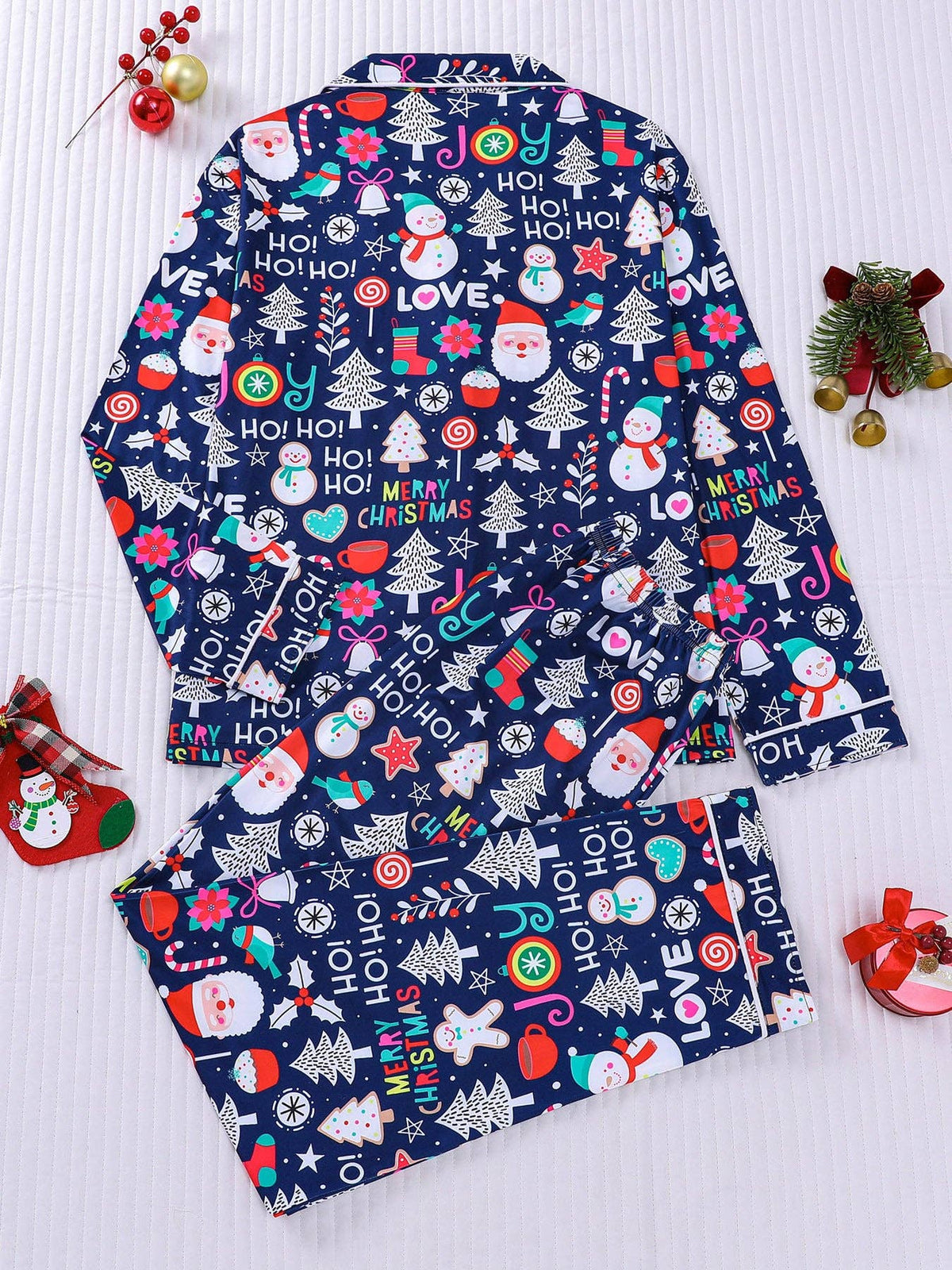 Women's navy Christmas icon print button-up pajama set – view 3