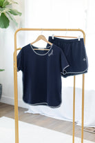 Women's navy cotton pajama short set with embroidered Hope detail and striped piping