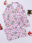 Women's pink holiday print button-up pajama set
