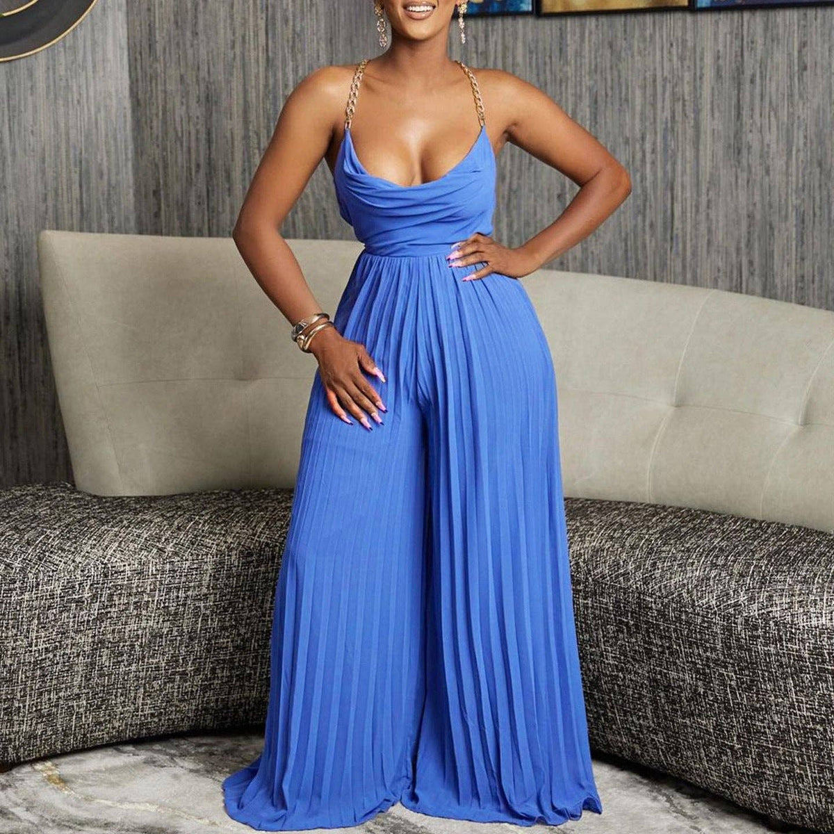 Women's plus size white chain halter backless wide-leg jumpsuit, view 2