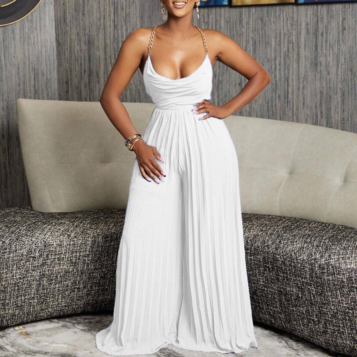 Women's plus size white chain halter backless wide-leg jumpsuit, view 4