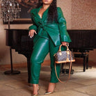 Women's plus size dark green faux leather jacket and tie-waist pants set, view 2