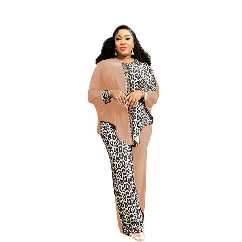 Women's plus size leopard print batwing sleeve top and high-waist pants set, view 2