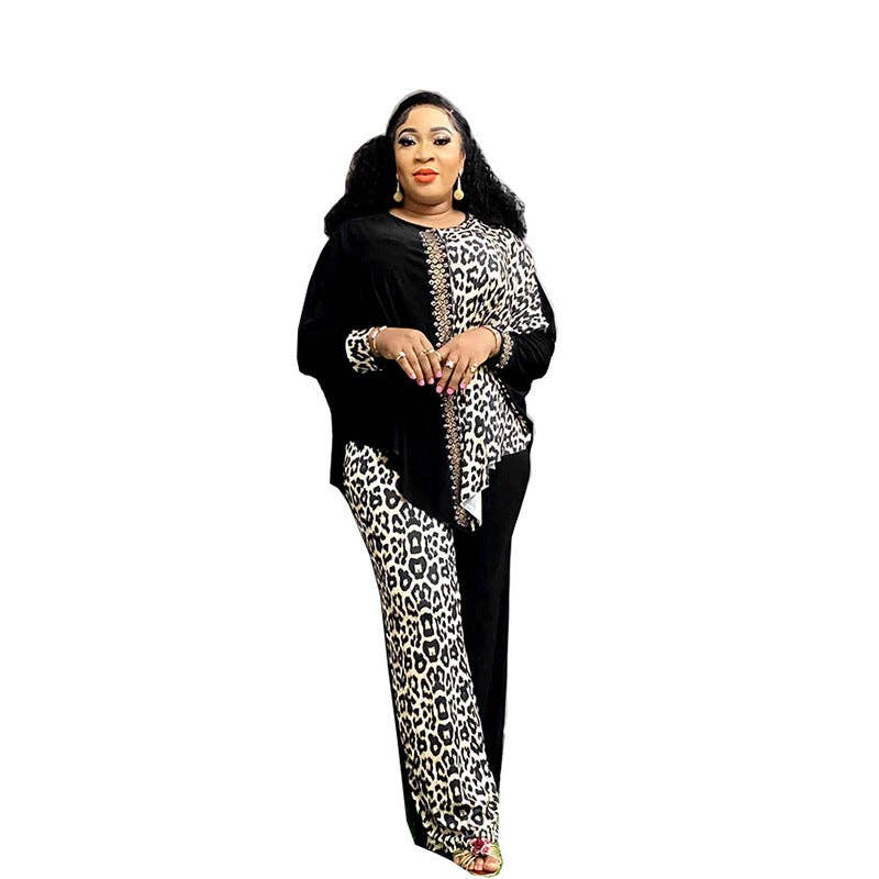 Women's plus size leopard print batwing sleeve top and high-waist pants set, view 4