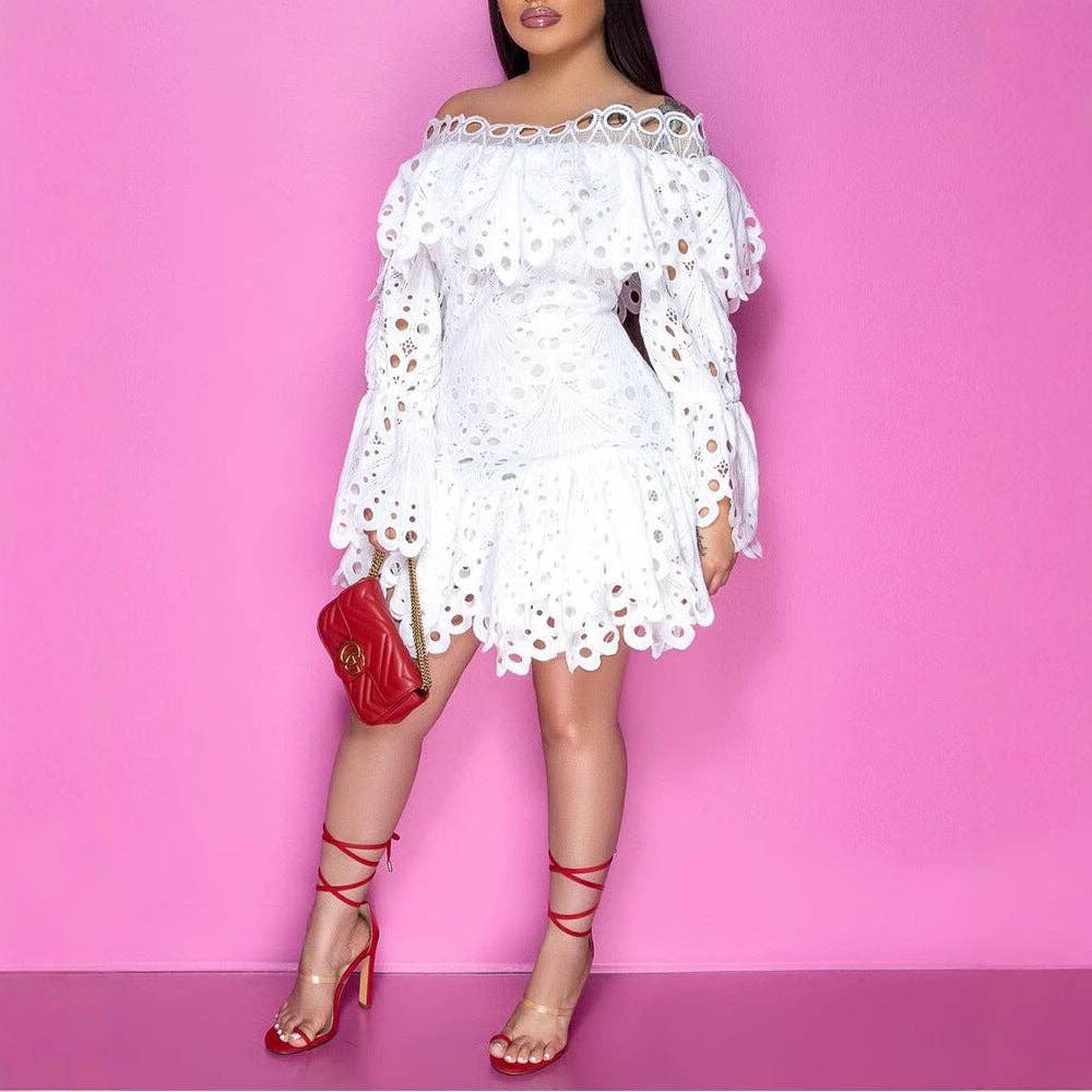 Women's plus size white one-shoulder lace ruffle midi dress, view 2