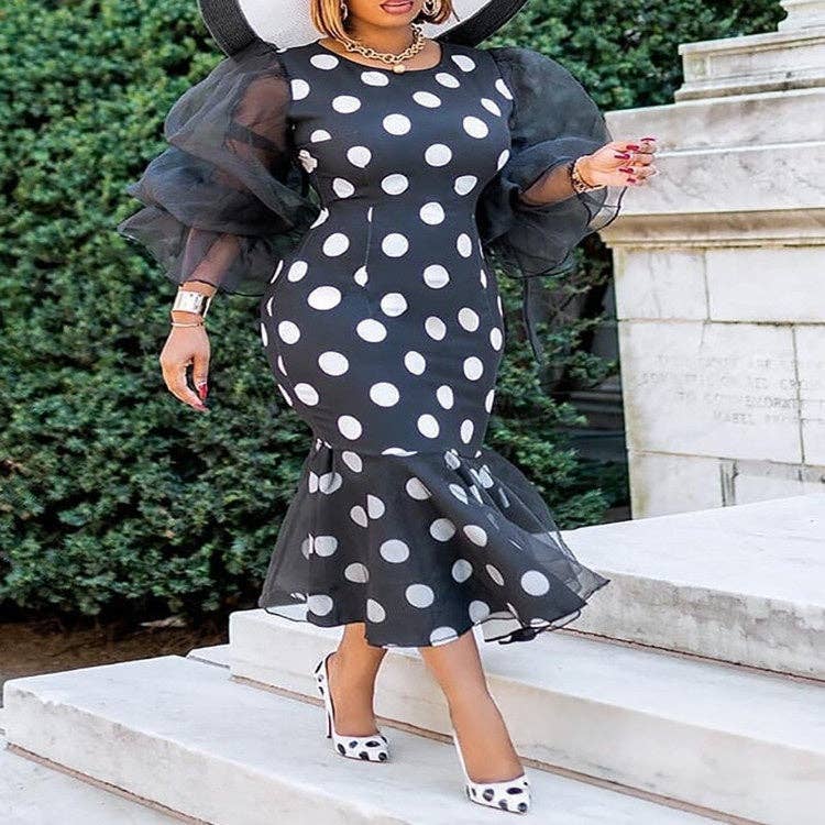 Women's plus size black polka dot strapless mermaid maxi dress