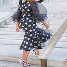 Women's plus size black polka dot strapless mermaid maxi dress, view 2