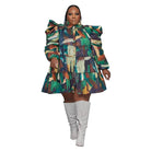 Women's plus size green printed ruffle button-up shirt dress