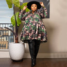 Women's plus size green printed ruffle button-up shirt dress, view 4